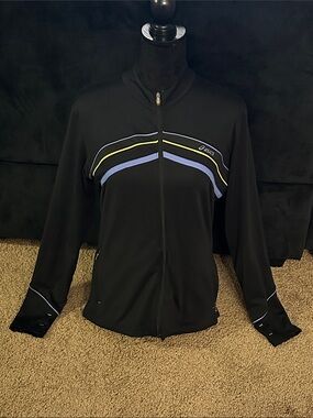 Asics Black Performance Jacket with Blue and Yellow Chevron Stripes